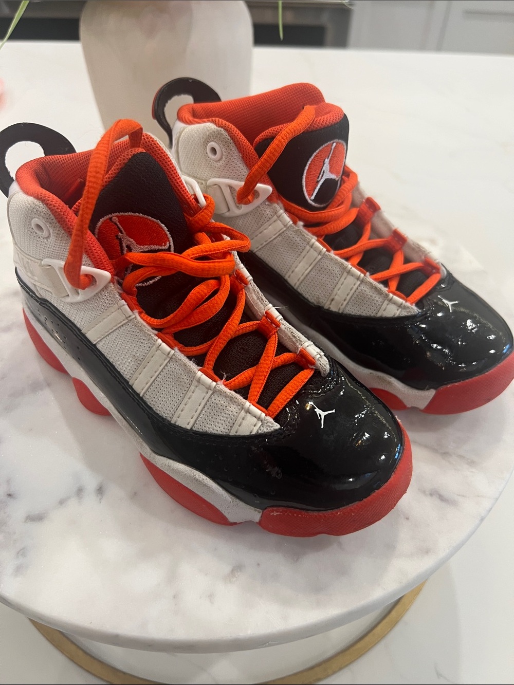 Nike Air Jordan High Top Sneakers in Black, White & Orange. Little Boys Boys 13C